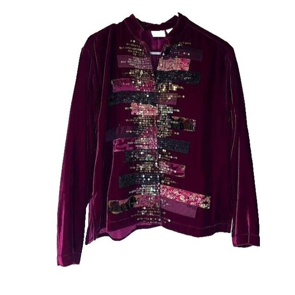 Chico’s Jacket M Burgundy Velvet Silk Blend Sequin Button Up Retro Glam Holiday - Picture 2 of 7